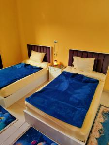 een slaapkamer met 2 bedden met blauwe lakens bij Energy Of Pyramid Hotel in Caïro