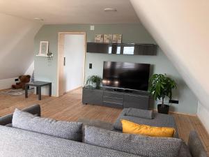 a living room with a couch and a flat screen tv at Ferienwohnung Weitblick in Bad Schussenried