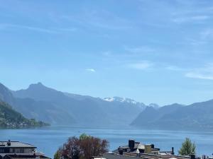 a view of a large body of water with mountains at Das Anton in Gmunden