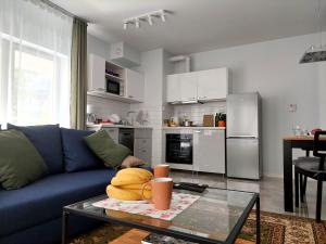 ein Wohnzimmer mit einem blauen Sofa und einem Glastisch in der Unterkunft Metro Dzialdowska - Silent and spacious in Warschau