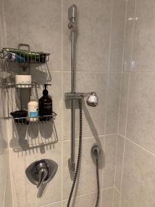 een douche met een douchekop in de badkamer bij In-the-middle-of-Nature Spacious Nest Brandenburg Airport in Berlijn