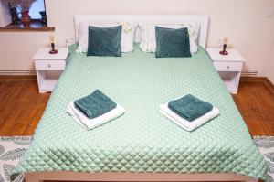 a bedroom with a large green bed with two pillows at Cazare La Cetate in Moşna