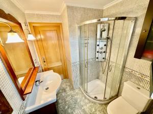 een badkamer met een douche, een toilet en een wastafel bij La Terraza del Valle Pravia in Pravia