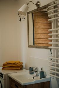 a bathroom with a sink and a mirror at Domek nad Jeziorem Bogaczewo in Bogaczewo +22 photos