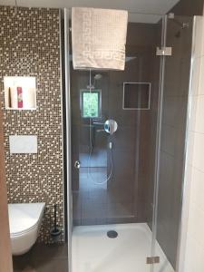 a bathroom with a shower with a sink and a toilet at CHILL&SLEEP Bad Ischl in Bad Ischl