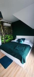 a bedroom with a large bed with a green wall at Bałtyckie Klimaty in Stegna