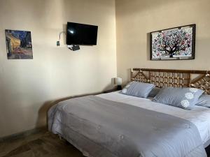 1 dormitorio con 1 cama y TV en la pared en Brisa Bliss, en San Juan de Alima