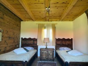 KremnaCamp Viljamovka的木天花板客房的两张单人床