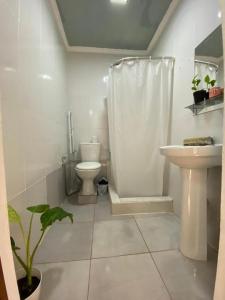 La salle de bains est pourvue de toilettes, d'une douche et d'un lavabo. dans l'établissement Posada El Ceibo, à Puerto Iguazú