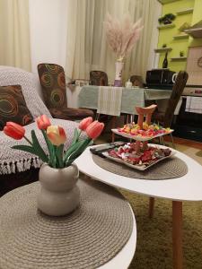 una sala de estar con una mesa con un jarrón de flores en Stancicmilena en Požarevac