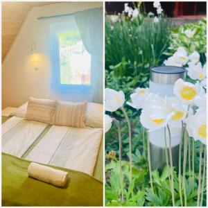 2 Bilder eines Zimmers mit weißen Blumen in der Unterkunft Bükk Apartman Bükkszentkereszt in Bükkszentkereszt