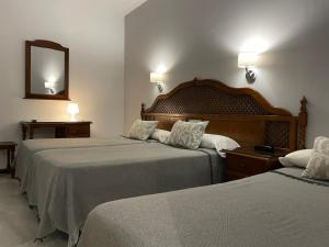 コルドバにあるロス オメヤスのベッド2台と鏡が備わるホテルルームです。