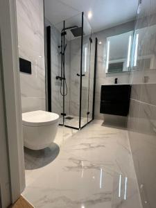 a white bathroom with a toilet and a shower at Leilighet fra 2024 in Kongsberg
