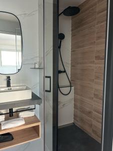 Saint-Guénoléにあるル ステーレンのバスルーム(シャワー、洗面台、鏡付)