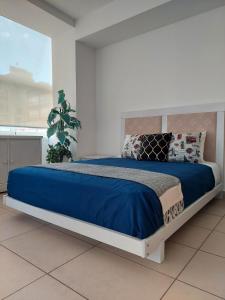 ein Schlafzimmer mit einem großen Bett mit einer blauen Decke in der Unterkunft Punto Alameda Reforma - Carso in Mexiko-Stadt