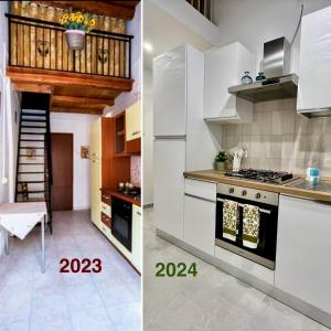 アヴォラにあるAl Cortilettoの白いキャビネットとコンロ付きのキッチンの写真2枚