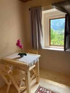 stół z wazonem kwiatów przed oknem w obiekcie Guesthouse "Gjin Thana" w mieście Theth