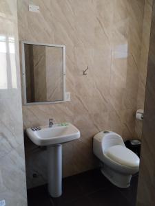 a bathroom with a sink and a toilet and a mirror at HOTEL PLATINIUM in La Paz