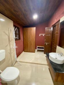 a bathroom with a toilet and a sink at The Mango Woods Cottage with Bathtub in Alibag with Swimming Pool in Alibag