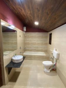 a bathroom with a toilet and a sink and a tub at The Mango Woods Cottage with Bathtub in Alibag with Swimming Pool in Alibag