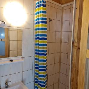 a bathroom with a shower curtain and a sink at Arkadia Domki in Dziwnów