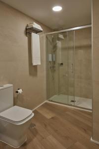 y baño con aseo y ducha acristalada. en Apartamentos Cuerda Larga, en Madrid