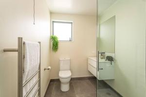 een badkamer met een toilet, een wastafel en een raam bij Hop, Skip, Jump to the city ! in Christchurch