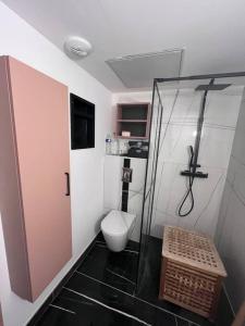 een badkamer met een toilet en een glazen douche bij Écrin proche des calanques T2 Côte bleue in Ensuès-la-Redonne