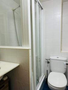 e bagno con servizi igienici e doccia in vetro. di Estudio ROOM Madrid Centro 1 DORMITORIO PARA DOS Y SOFA a Madrid