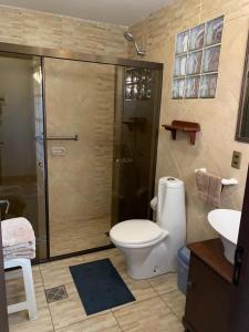 W łazience znajduje się prysznic, toaleta i umywalka. w obiekcie Apartamento con jardin w mieście Cochabamba
