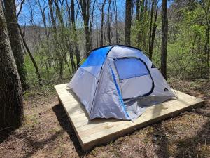 a tent sitting on a wooden platform in the woods at Cardinal Cove Campsite at Hocking Vacations - Tent not included in Logan