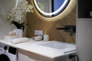 eine Badezimmertheke mit einem Waschbecken und einem Spiegel in der Unterkunft ZB Apartment GOLD Piekary Bytom Sląskie Siemianowice Chorzów in Piekary Śląskie