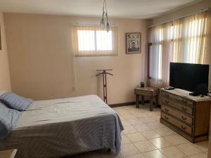 1 dormitorio con 1 cama y TV de pantalla plana en Apartamento con jardin, en Cochabamba
