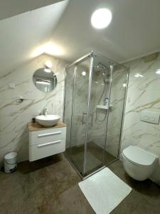 a bathroom with a shower and a toilet and a sink at Apartman Mama Marija in Dubrovnik