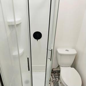 a bathroom with a toilet and a glass shower at La maisonnette in Montréal