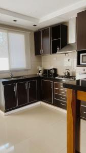 a kitchen with dark brown cabinets and a window at TERRAZAS DE QUEQUEN in Quequén