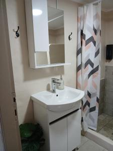 a bathroom with a sink and a shower at Kanela House in Nea Kalikratia
