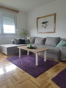 ein Wohnzimmer mit einem Sofa und einem Couchtisch in der Unterkunft GRAND BB Apartman in Bajina Bašta