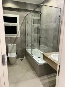 a bathroom with a shower and a toilet and a sink at Elkarma 4 in Sheikh Zayed