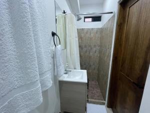 La salle de bains est pourvue d'un rideau de douche blanc et d'un lavabo. dans l'établissement Apartaloft en el centro 205, à Pereira