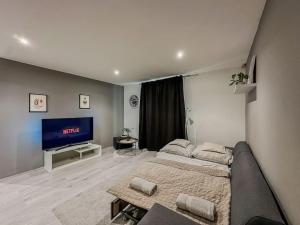 een woonkamer met 2 bedden en een flatscreen-tv bij Simcity IV I Business & Style in Banská Bystrica