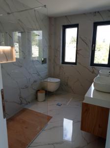 a bathroom with a sink and a tub and a toilet at La Casa Del Rio in Kymi