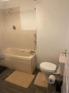a bathroom with a toilet and a tub and a sink at White and Sandstone Astley Bridg in Bolton