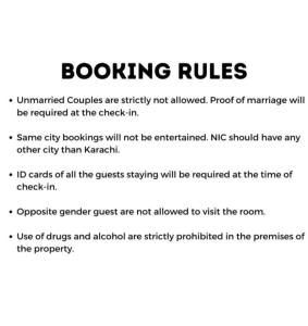 una página de un documento con las palabras reglas del abucheo en Rose Palace Guest House en Karachi