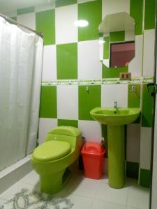 baño con aseo verde y lavamanos en salt beds of salt hostal en Uyuni