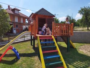 a woman and a child and a dog sitting in a play house at Todorović SPA & bazen in Velereč