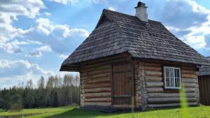 a small log cabin with a roof on a field at Plagandõ puhkemaja 