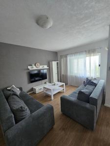 a living room with two couches and a tv at Ivan Apartment in Makarska