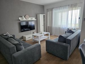 een woonkamer met 2 banken en een tv bij Ivan Apartment in Makarska