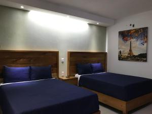 a bedroom with two beds and a picture of the eiffel tower at Hotel Boutique Blue Diamond in Tepatitlán de Morelos